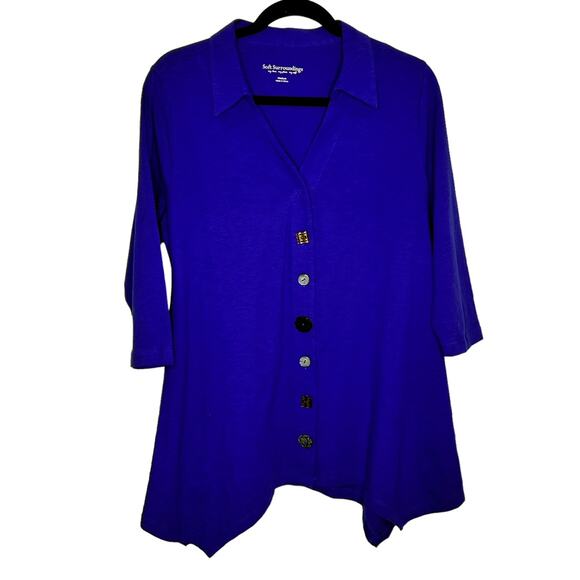 Soft Surroundings Dark Royal Blue Collared 3/4 Sleeves Button Up Tunic Blouse - Picture 1 of 9